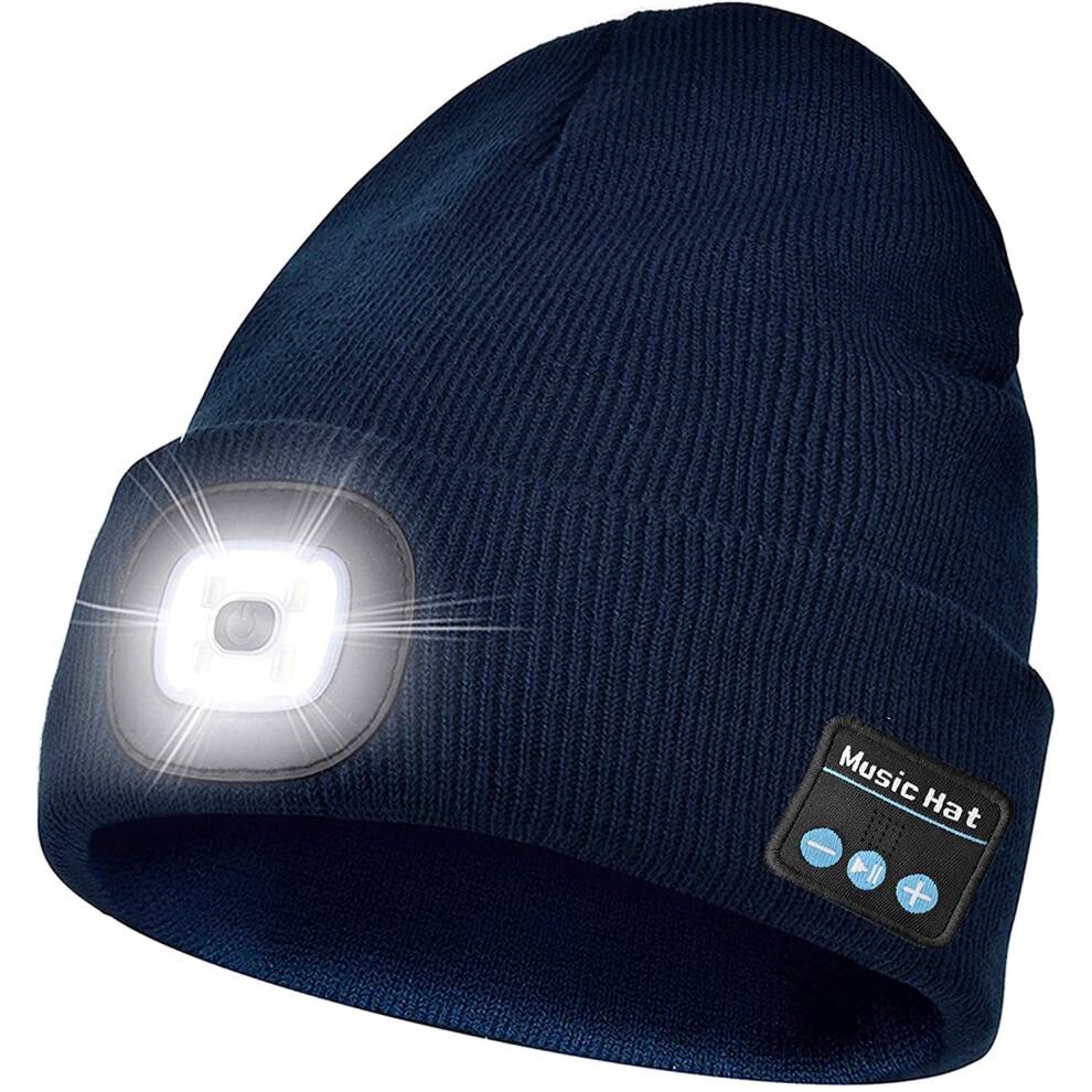 Morttic Unisex Bluetooth Beanie Hat med LED-forlygte Opgraderet håndfri musikalsk strikket kasket til mænd og kvinder Gaver, Marineblå