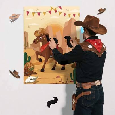 1 set, Western Cowboy Party-spel - Fäst svansen på hästen-affisch med 30 svansar och ögonbindel, estetiska vilda västern-födelsedagsfesttillbehör för