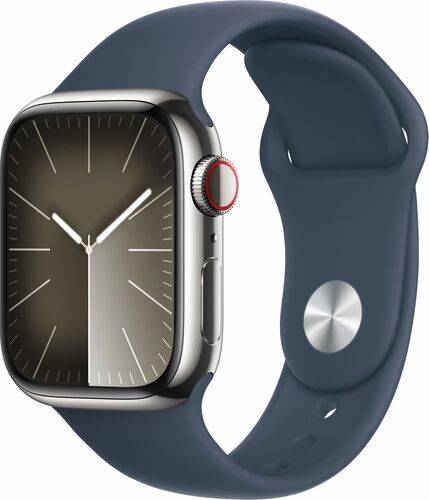 Apple Watch Series 9 Rustfrit stål 41 mm (2023) | GPS + Cellular | sølv | Stormblåt sportsarmbånd M/L