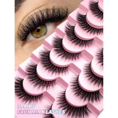 1 st nya 7 par D Curl ryska volymögonfransar, naturligt fluffiga falska ögonfransar, klassiska cat eye minkfalska ögonfransar, korsade wispy dramatisk - 7 par - Tjock version