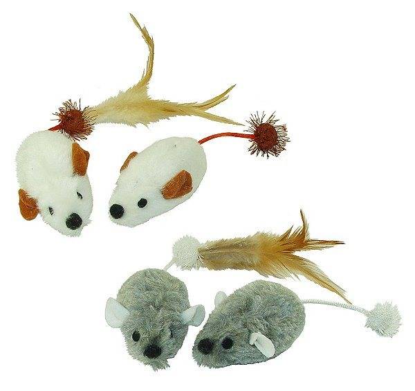 Kattleksaker Plush Mice with Tail 2-pack, Vit