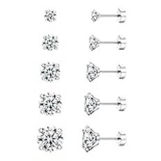 Stiftörhängen med diamant och skruv baktill, set, 20G, kirurgiskt stål, kubisk zirkon, broskpiercing, smycken för kvinnor, män, känsliga öron, CZ, tragus, helix, platt baksida, örhängen, stift, Kubisk