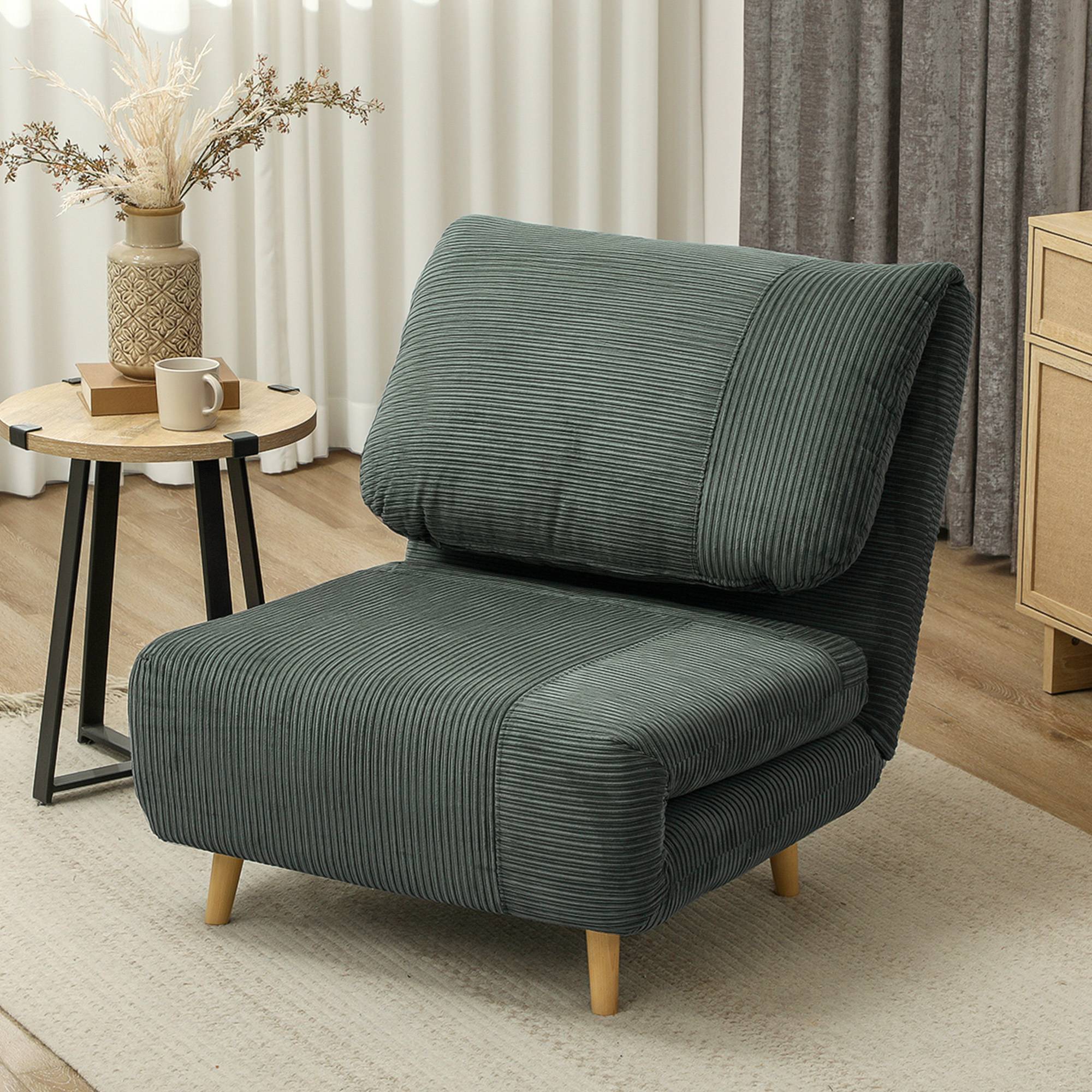 2-i-1 sovesofa med justerbar foldemadras og gæsteseng i corduroy-look, til soveværelse, stue, grøn, 82 x 89 x 83 cm.