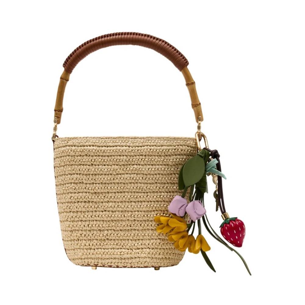 Self Portrait Raffia Charm Bucket Bag - Tasker - Dame - Beige - ONE SIZE - Bomuld