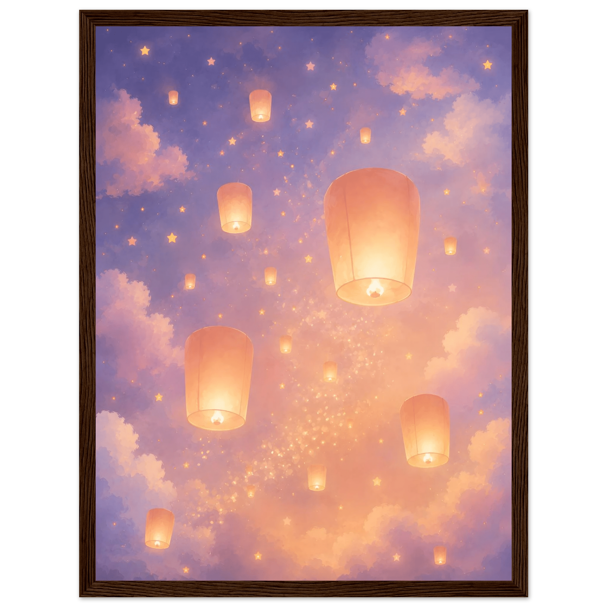 Flygande lyktor poster-30x40 cm / 12x16″ / Med ram / Mörkt trä