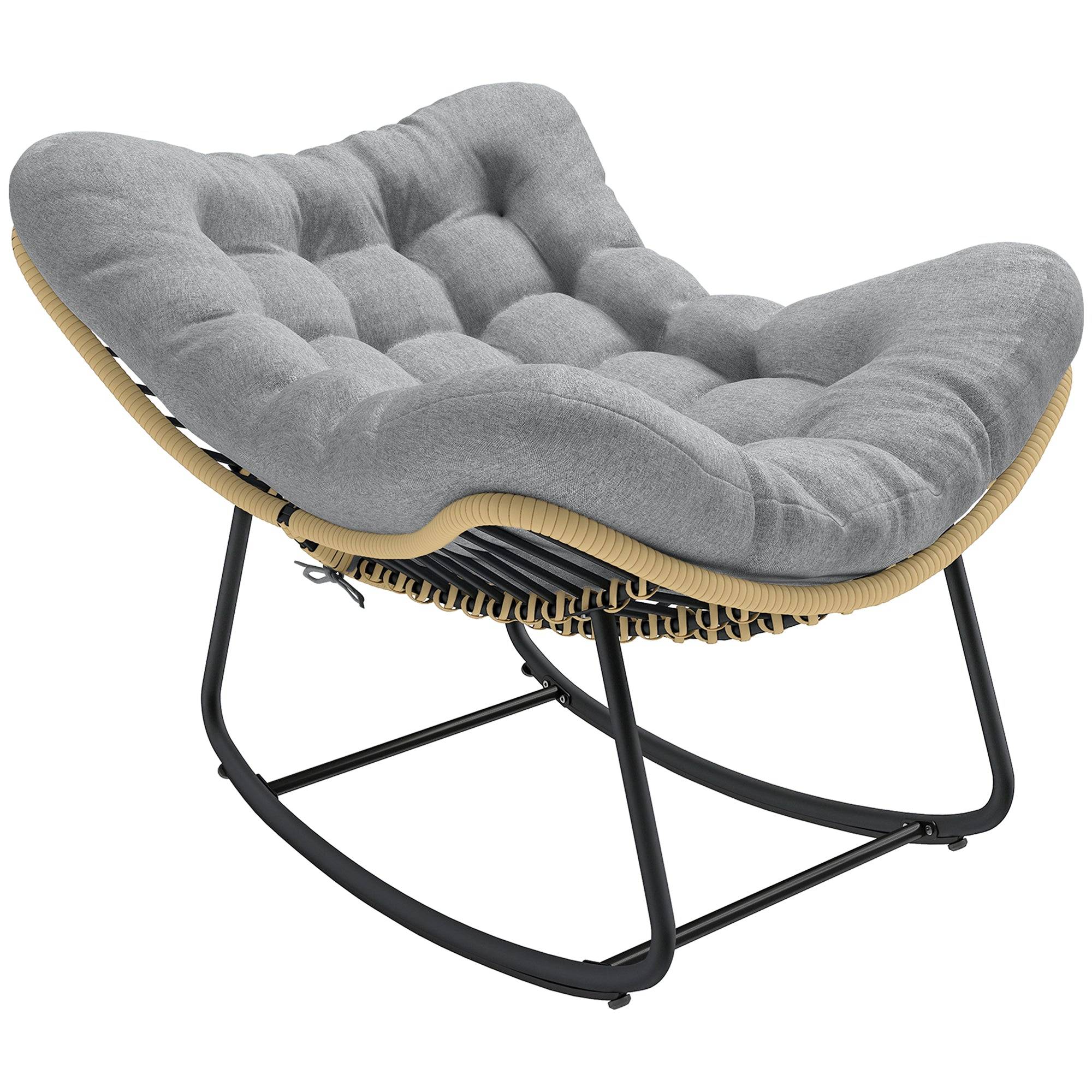 Rattan gyngestol haveliggestol med tyk hynde, havegynge op til 120 kg, indendørs/udendørs, 87 x 110 x 70 cm, grå
