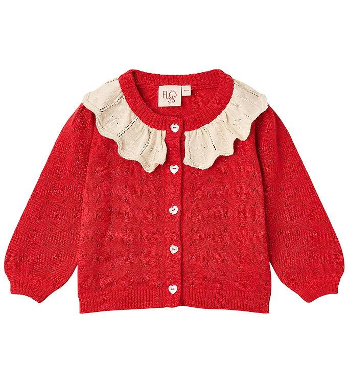 Flöss Cardigan - Strik/Hulmønster - Dora - Poppy Red Glitter - Flöss - 5 år (110) - Cardigan