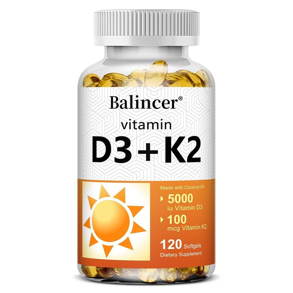 Balincer D3 K2 Vitamin Mjukkapslar, Tillverkade med Kokosolja, Stödjer Skelett- & Immunitetshälsa, 120 Mjukkapslar white