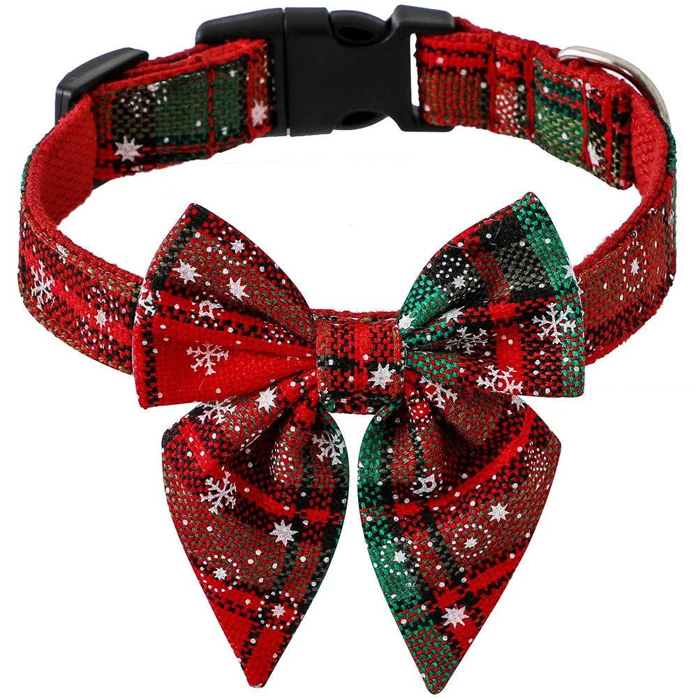 Festive Snowflake Dog Collar with Bow - Cotton Holiday Design - Red Green Snow / M 2.5cmx50cm (M 2.5cmx50cm)