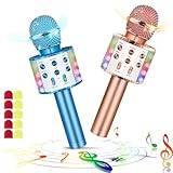 Set Med 2 Trådlös Bluetooth Karaokemikrofon Med Led Lampor Bärbar Handhållen Karaoke Högtalare för Leksaker för Barn Vuxna (Champagne+Blå, Med 10 Engångsmikrofonskydd)
