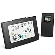 Quntis Väderstation, 5 tum LED-sensor bred termometer digital hygrometer, väderklocka larm, trådlös hygrometer termometer inomhus utomhus med snooze-funktion display tid datum dag-svart