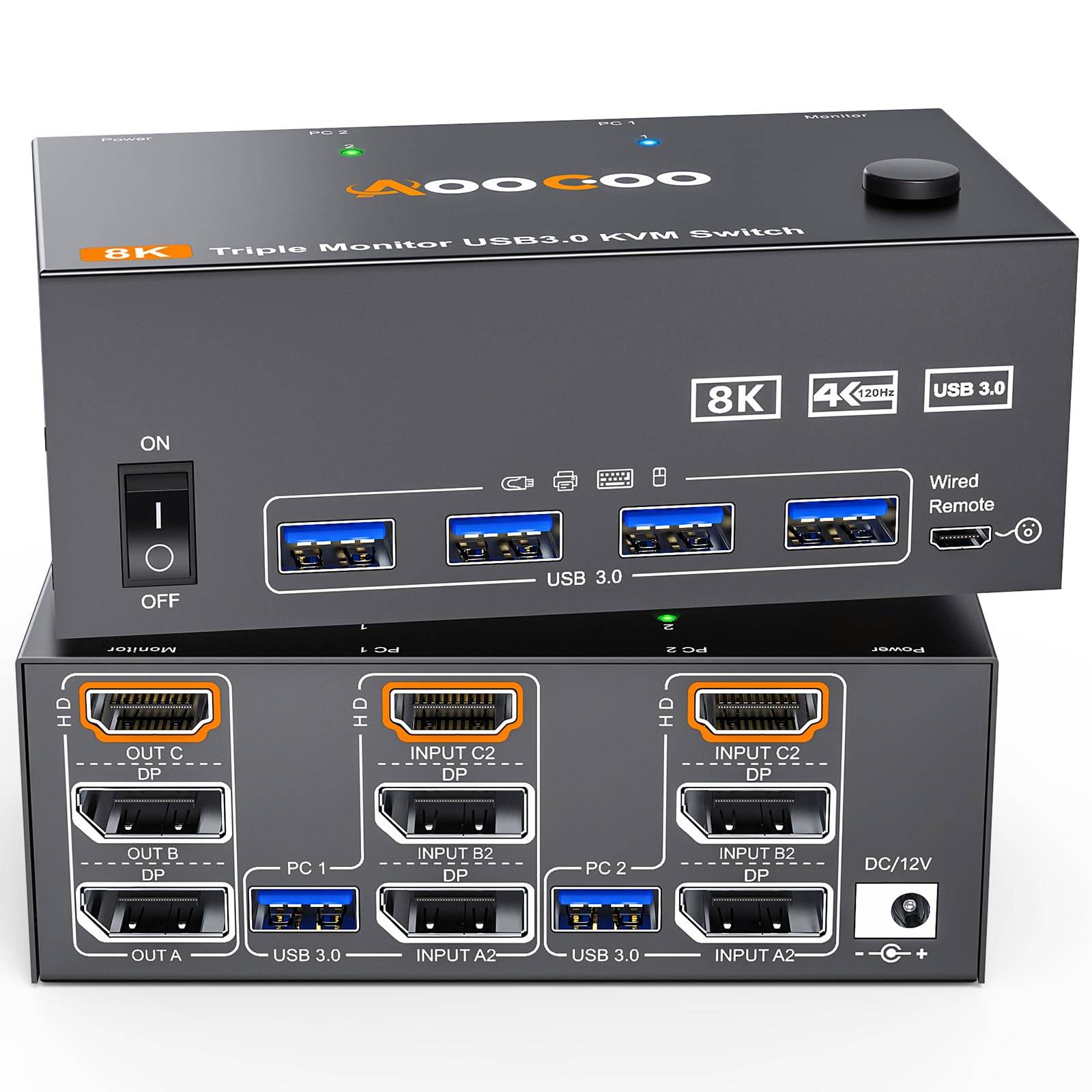 8K KVM Switch for 2 PCs and 3 Monitors, Mirror/Extended Mode, HDMI + DP Ports (8K@30Hz/4K@144Hz), USB 3.0 Ports, Supports 2 PCs and 3 Displays, Shares