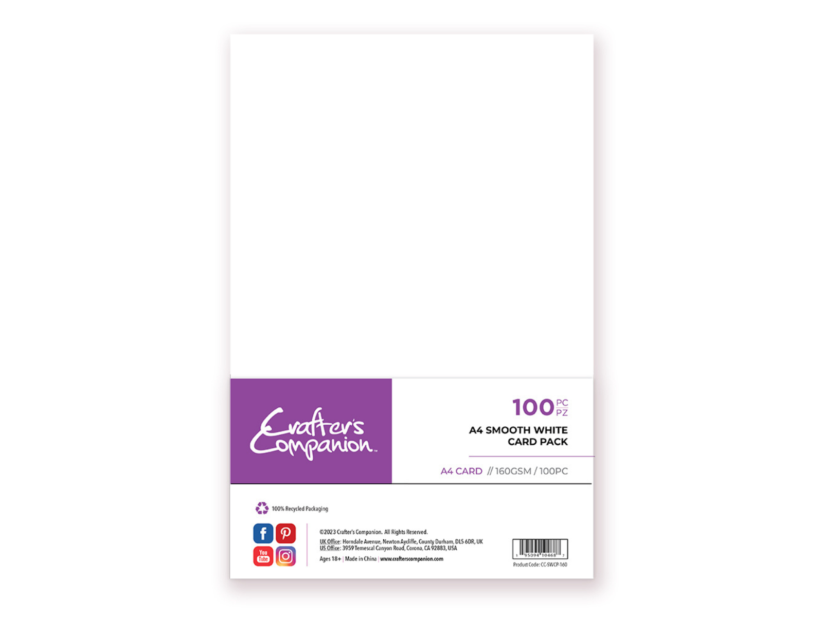 Crafter's Companion - A4 Smooth White Card Pack 160 GSM - 100pc