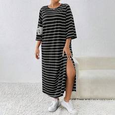 Dam Plus Size Sommar Casual Lösrandig slits Konservativ långklänning - Svart (0XL,1XL,2XL,3XL,4XL,5XL)