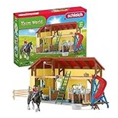 Schleich 42485 Farm World - stall med boxar och djur, 82 delar set med hästar, små bondgårdsdjur, lantbruksverktyg och figurer, bondgårdsleksaker för barn från 7 år