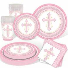 Rosa första heliga dopet Servis set God Bless papperstallrikar Servetter Koppar Dop Festmaterial Rosa dopdekorationer Gud välsigne tillbehör för dop (Pappersmugg 10 st,7 tums bricka 10 st,9 tums bricka 10 st,Pappershanddukar 20st,fyra delar set)