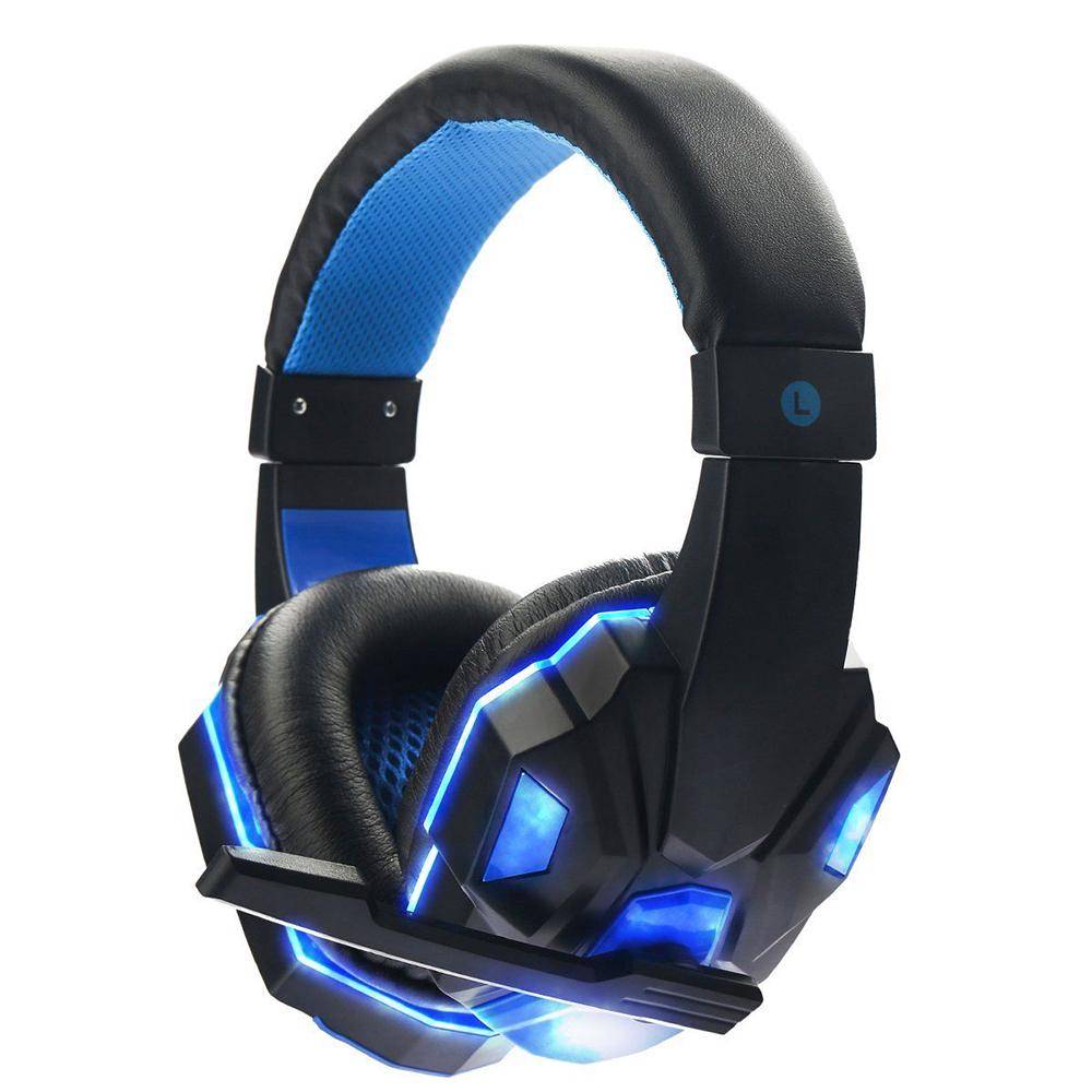 Gaming Headset Hörlurar med LED-ljus Mic Stereo hörlurar Djup bas för PC Dator Gamer Laptop Öronhorn blå