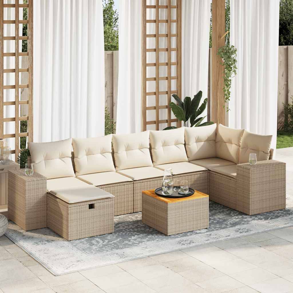 Havesofasæt 8 Dele Med Hynder Polyrattan - beige og cremefarvet / bord 3x midterdel 3x hjørnedel fodskammel