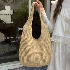 Mode dam semesterstil Halmvävd axelväska, Casual handväska med stor kapacitet, strandväska - Beige