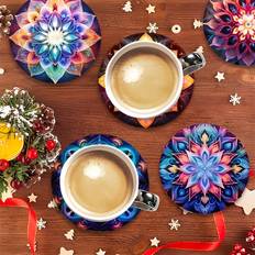 TEMU 6pcs Set Of Colorful Mandala Wooden Coasters - Coffee, Tea, And Beverages - Ideal Table Protection For Christmas, Halloween, Easter, Valentine's Day