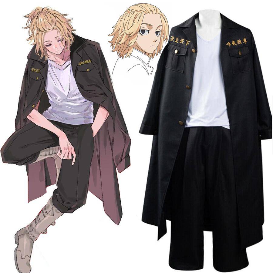 Anime Tokyo Avengers Ryuguji Kente Cosplay Kostymer Manjiro Jacka Kappa Topp Byxa Svart Laguniform Uniform Kostym Vuxen Halloween Dräkter cm