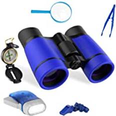 Kikare, 6 st barn utomhus forskare set äventyrsleksaksset, 4 x kikare, kompass förstoringsglas ficklampa pincett visselpipa för pojkar och flickor camping, vandring, julklapp blå