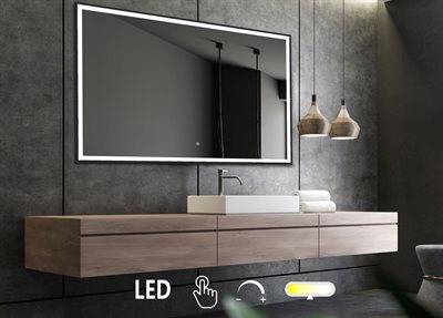 Firkantet spejl med matsort ramme og integreret LED lys, front lysstyring 180 x 80 cm