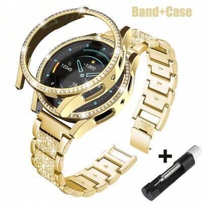 Dammetall diamantrem + PC Glänsande diamant ihåligt stötdämpande och fallsäkert skyddsfodral Kompatibel med Samsung Galaxy Watch 4 5 6 7 Series 40/44 - Guld (Multi-size)