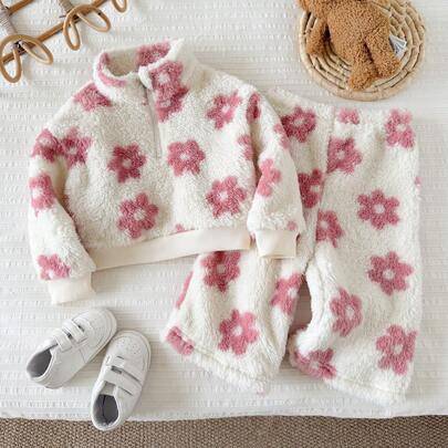 2-delat set för babyflicka med stickad sweatshirt i fuskpäls med blommönster, stående krage, halvzip och långbyxor, termofodrad borstad tjockt tyg, lä - Multifärgad (6-9M,9-12M,12-18M,18-24M,2-3Y,3-6M)