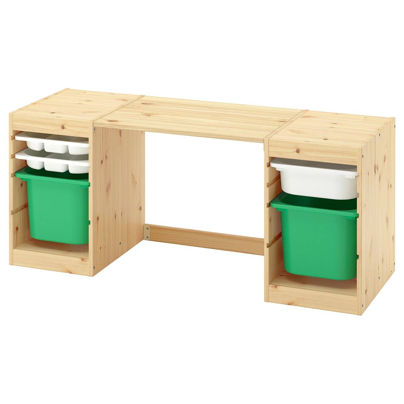 TROFAST skrivbord med backar/brickor, ljus vitbetsad furu/vit klargrön, 124x44x52 cm