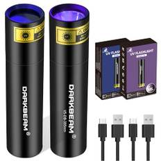 DARKBEAM UV ficklampa 365nm och 395nm Svart ljusWoods Lampa, USB uppladdningsbar Blacklight LED Ultraviolett Mini bärbar detektor för husdjursurin, uranglas, härdande harts, läckagedetektering, 2-pack