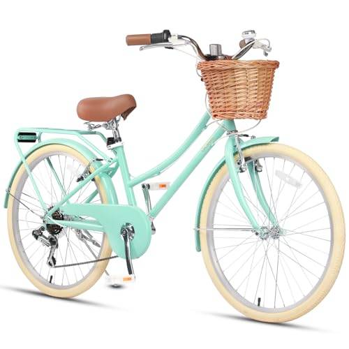 Glerc Missy 24 Tums Flickcruiser Barncykel 6-Växlad Tonårs Hybrid Stadcykel Lättviktig med Bagagebärare för Ungdomar 8 9 10 11 12 13 14 15 Åringar Prickorg, Mintgrön