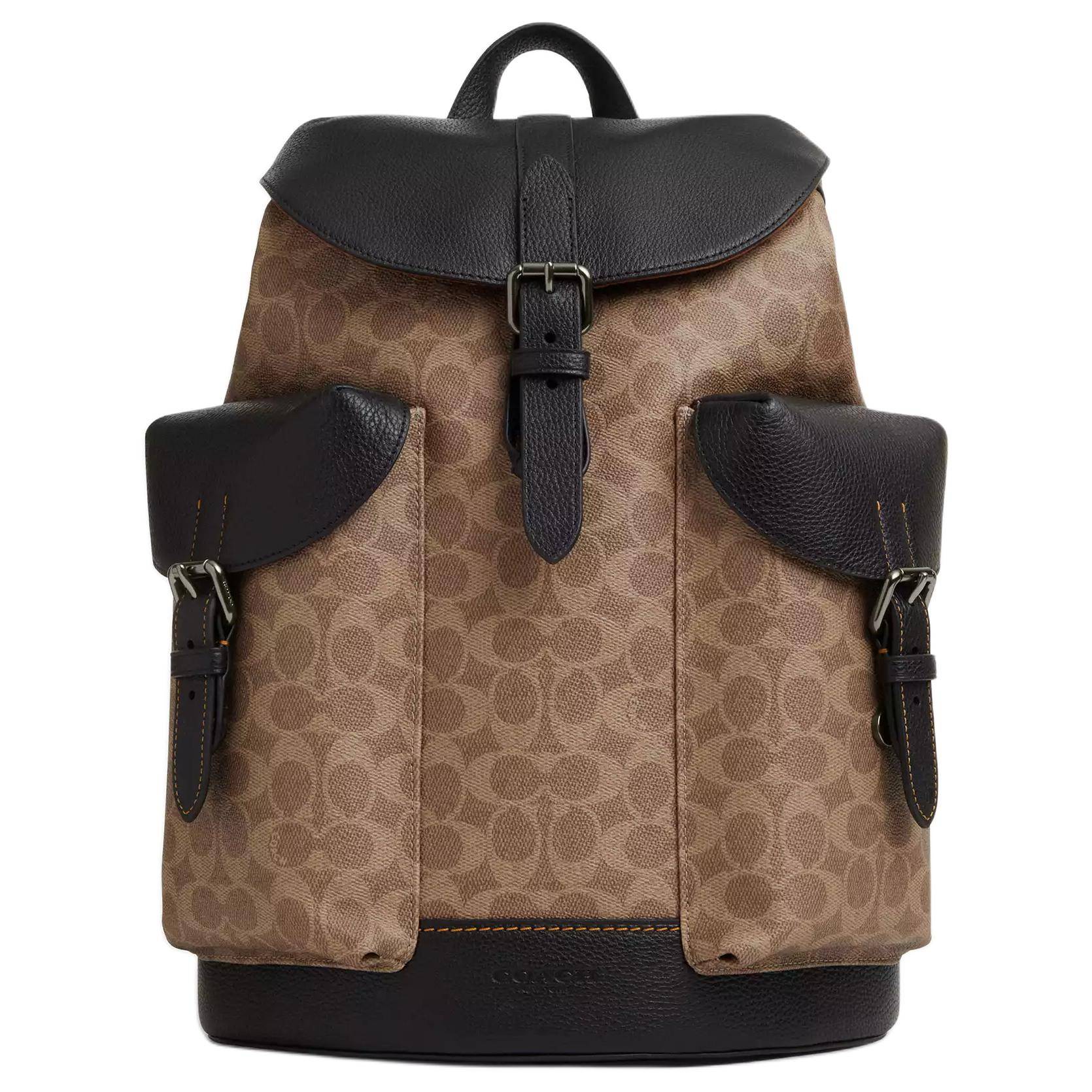 Coach Warner 32 Brand Logo Buckle Closure Coated Canvas Backpack Large Men backpack Brown Black CW211-QBNRX Basic Set (Bag+Dust Bag)