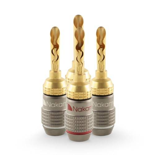 Nakamichi FanLock Excel Series 24K guldpläterad BFA bananplugg Högtalarkontakter 10 AWG - 18 AWG Mått 4 mm för Högtalarkabel hemmabio förstärkare och ljudsystem snabbanslutning, 4 st (2-par)