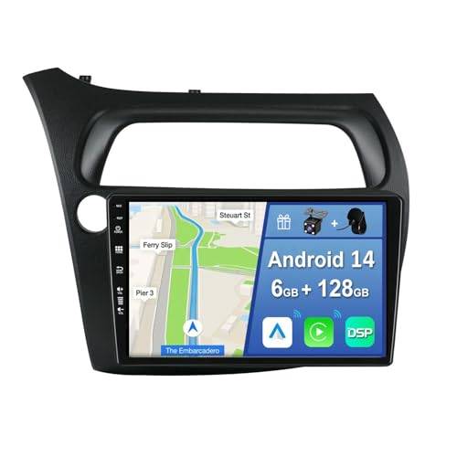 YUNTX [6GB+128GB] Android 14 2 Din bilstereo för Honda Civic 2006-2011-[Stödja CarPlay/Android Auto/DSP/GPS]-IPS 9tums Pekskärm-CAM+MIC-DAB/Ratt kontroll/Bluetooth 5.0