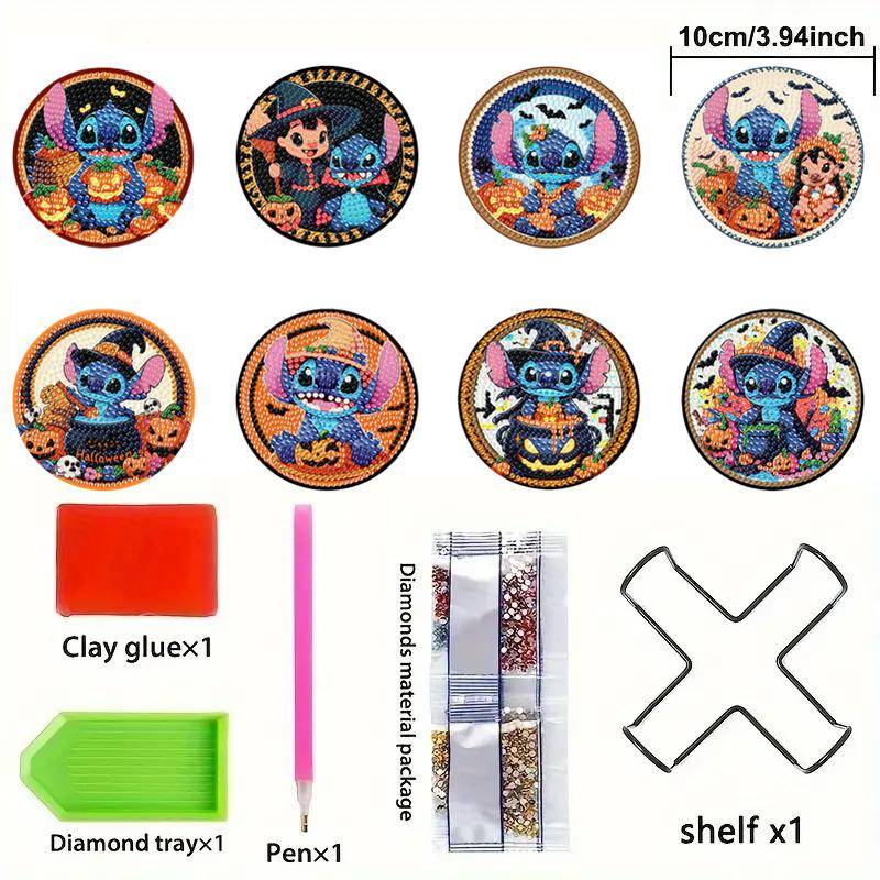 8pcs/Set DIY Lilo & Stitch Diamond Painting Coasters with Holder Anti Slip Wood Coasters Diamond Art Coasters for Adults suit