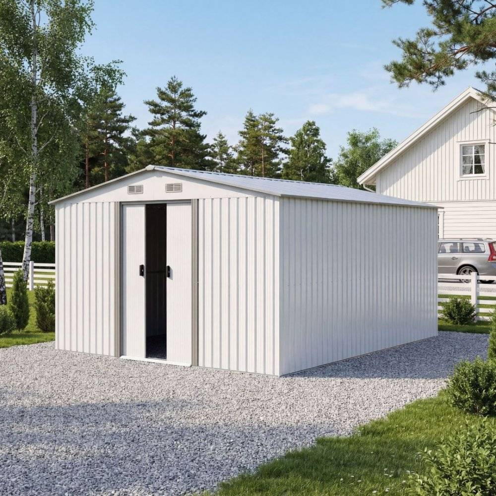 Förråd och redskapsbod 12,5m² | Dubbel skjutdörr | Bas ingår | Vit