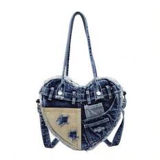 1pc Design Fashion New Women Shoulder Tote Bag, Heart Element Street Style Denim Patchwork Zipper Closure, Lightweight Large Capacity Suitable For Com - Blue