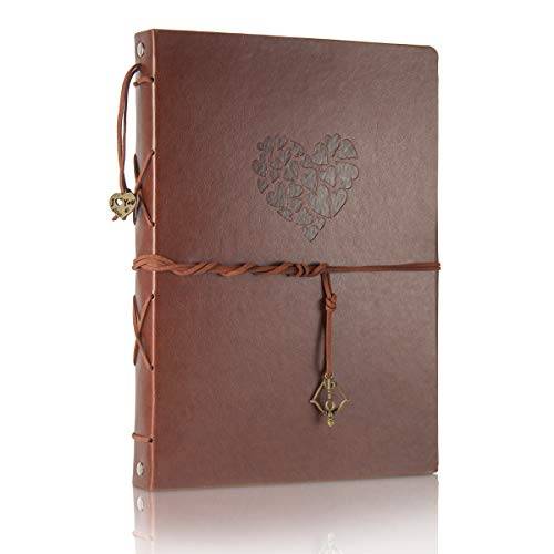 ThxMadam Klippbok eller fotoalbum i vintagestil i läder, gör-det-själv-pyssel, minnesbok, gästbok, med 60 svarta sidor, julklapp eller present till alla hjärtans, årsdag, mors dag, födelsedagspresent till mamma, pappa eller vän (hjärta, stor)
