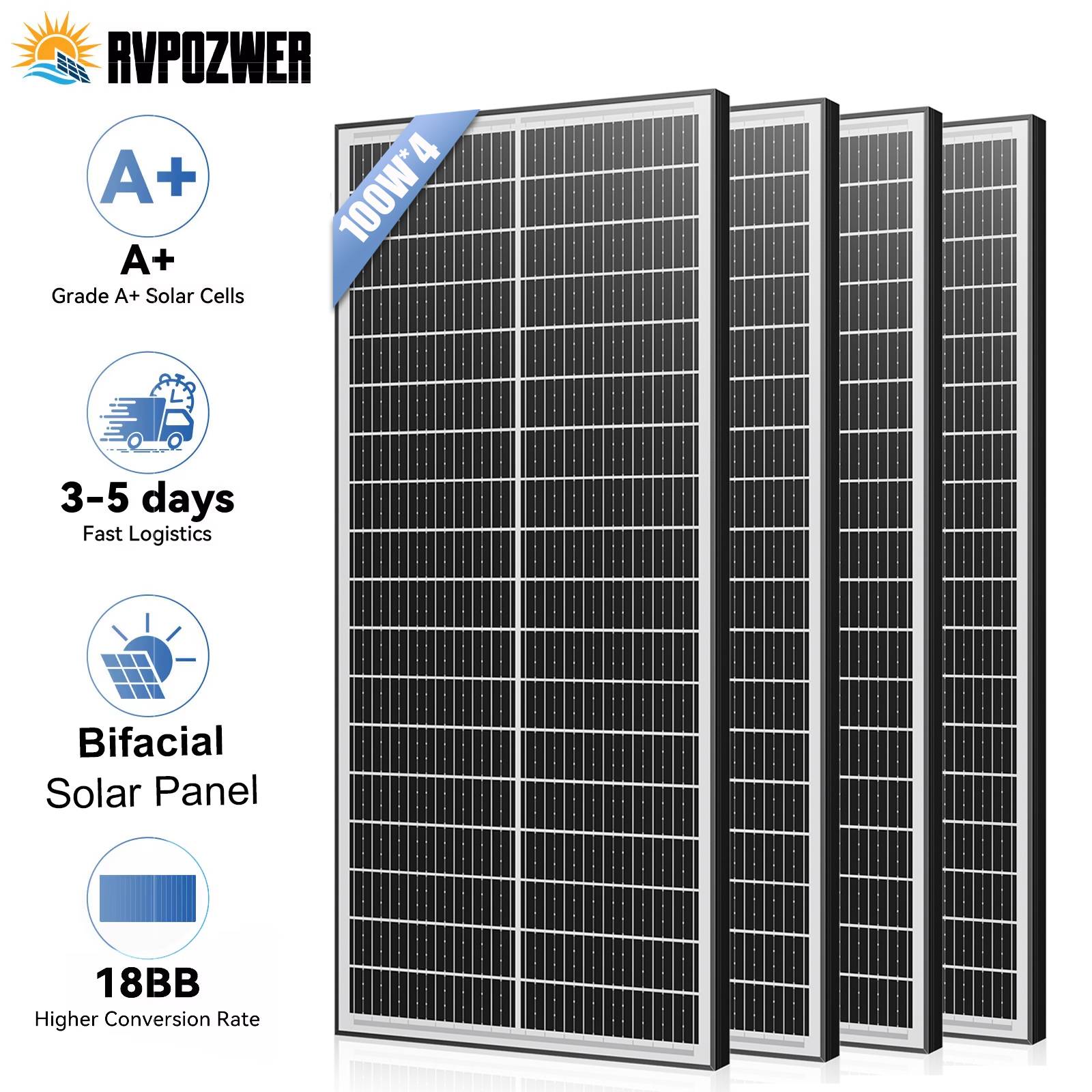 RVPOZWER 400W/200W/100W 12V Double Sided Solar Panels Monocrystalline 25.5% High-Efficiency 18BB Cells PV Power for Home Rooftop