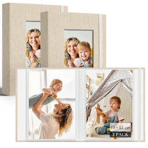 Vienrose Fotoalbum Små 10x15 Foton 2 Pack Linneöverdrag med frontfönster, Slip-in Album 26 sidor med 52 foton, lagra konstverk eller vykort