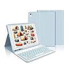IVEOPPE Tangentbordsfodral kompatibelt med iPad 9.gen/8 gen/7. Generation 10,2 tum (2021/2020/2019), QWERTZ upplyst avtagbart trådlöst tangentbord med fodral för iPad Air 3/iPad Pro 10,5 tum, ljusblå