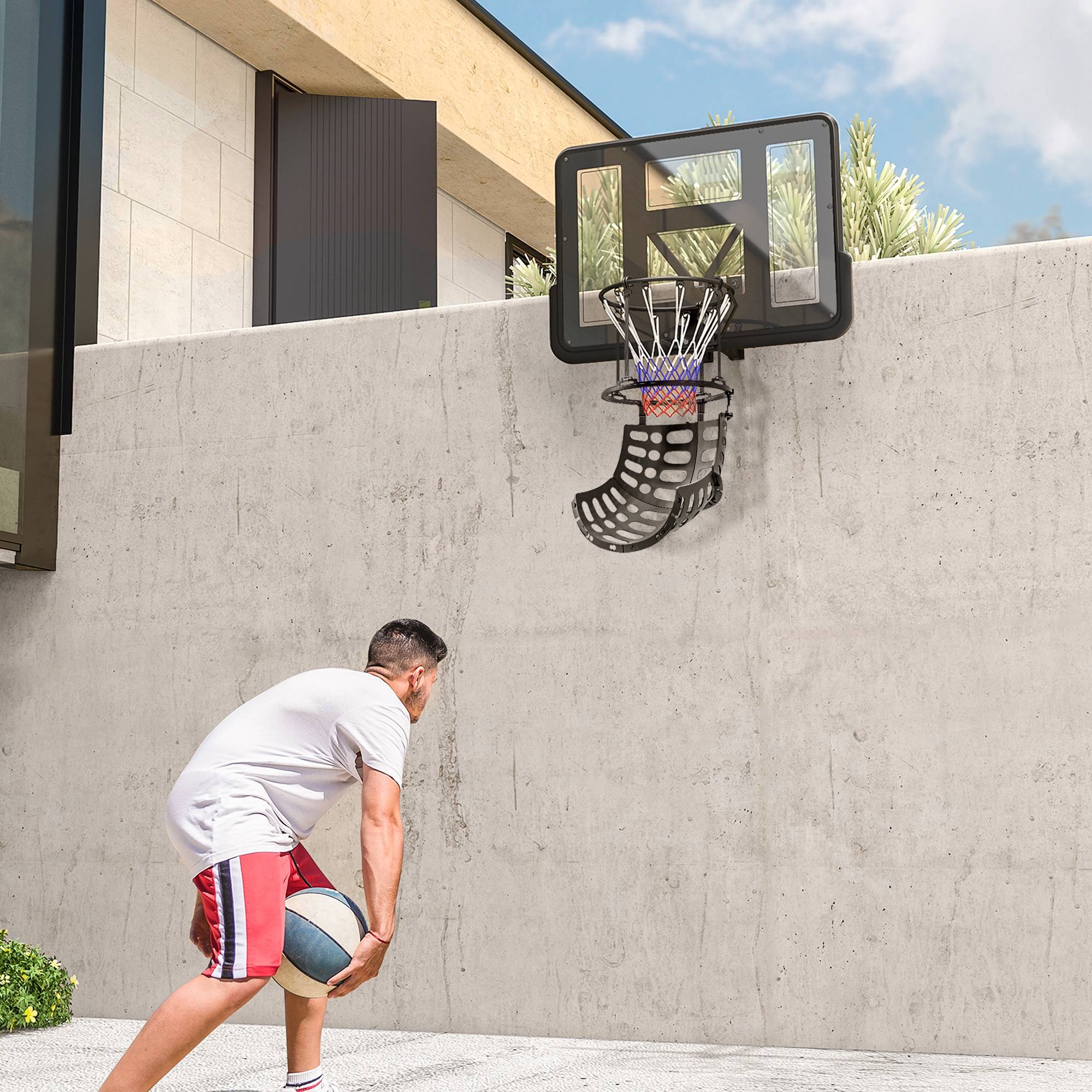 Basketball Rebounder, 360° roterbar basketball returanordning, basketball retrieval system til basketball skydetræning, med rebound rampe, indendørs-udendørs, sort.