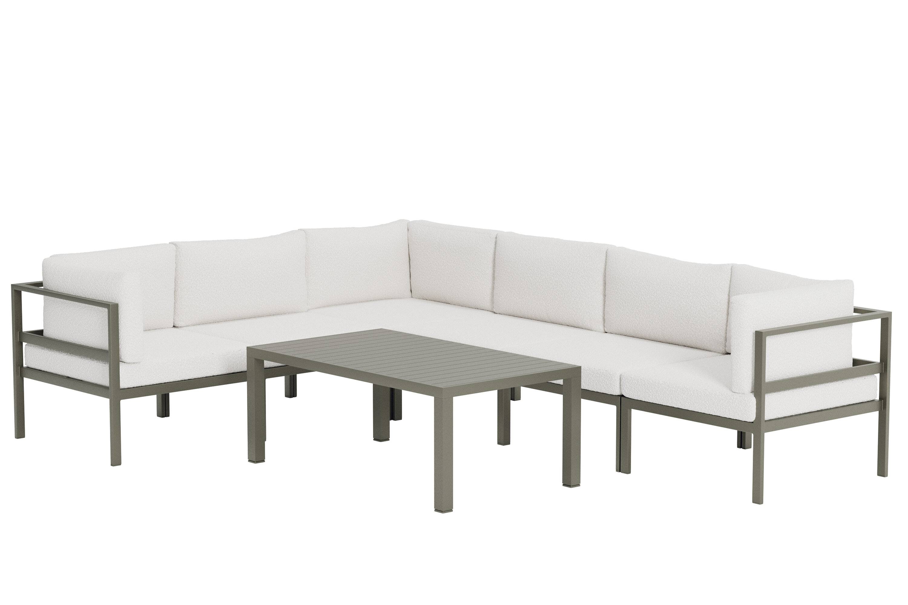 VENTURE HOME Copacabana havehjørnesofasæt, m. 1 bord og 1 sofa - hvid bouclé hynder og brun aluminium