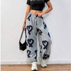 Dam Random Love Print Dragsko Midja Träningsbyxor Y2k Byxor Vida ben Tunna Träningsbyxor Vår/Sommar Outfits För Dam - Grå (L,M,S,XL,XS)