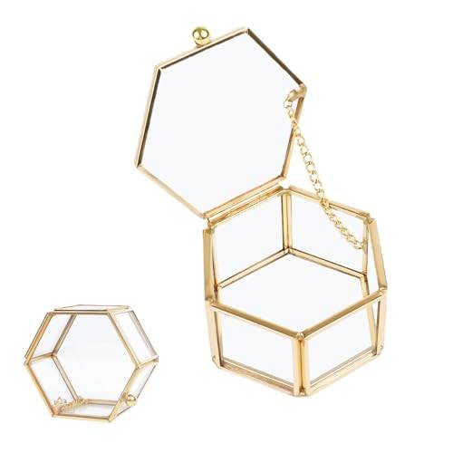 Manqyi Geometrisk smyckeskrin, liten glaslåda, ringlåda, glassmyckeslådor, geometrisk glaslåda, gyllene glassmyckeskrin, för förvaring och stämning för att visa smycken och blommor