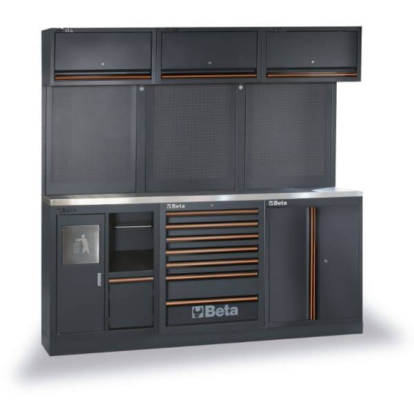 Modulär Verkstadsinredning med Rostfri Arbetsbänk 2040 x 615 mm, Flera Förvaringsmoduler, BETA Tools