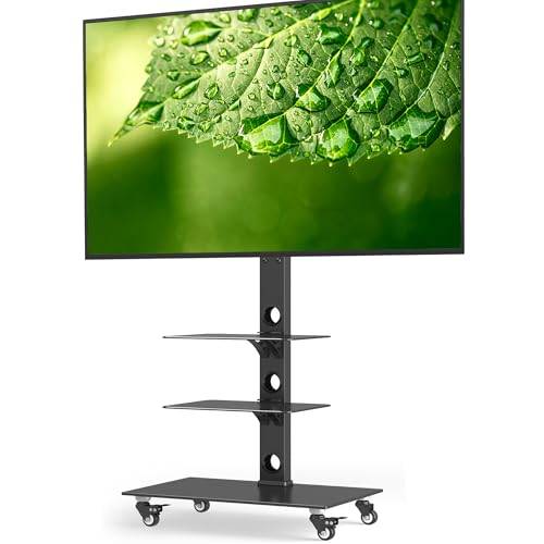 BONTEC TV Ständer Rollbar für 30-70 Zoll Plasma/LCD/LED TV bis 40 kg, Max. VESA 600x400 mm, Fernsehständer mit Rollen, 6 Höhenstufen und 3 Ablagen aus Gehärtetem Glas