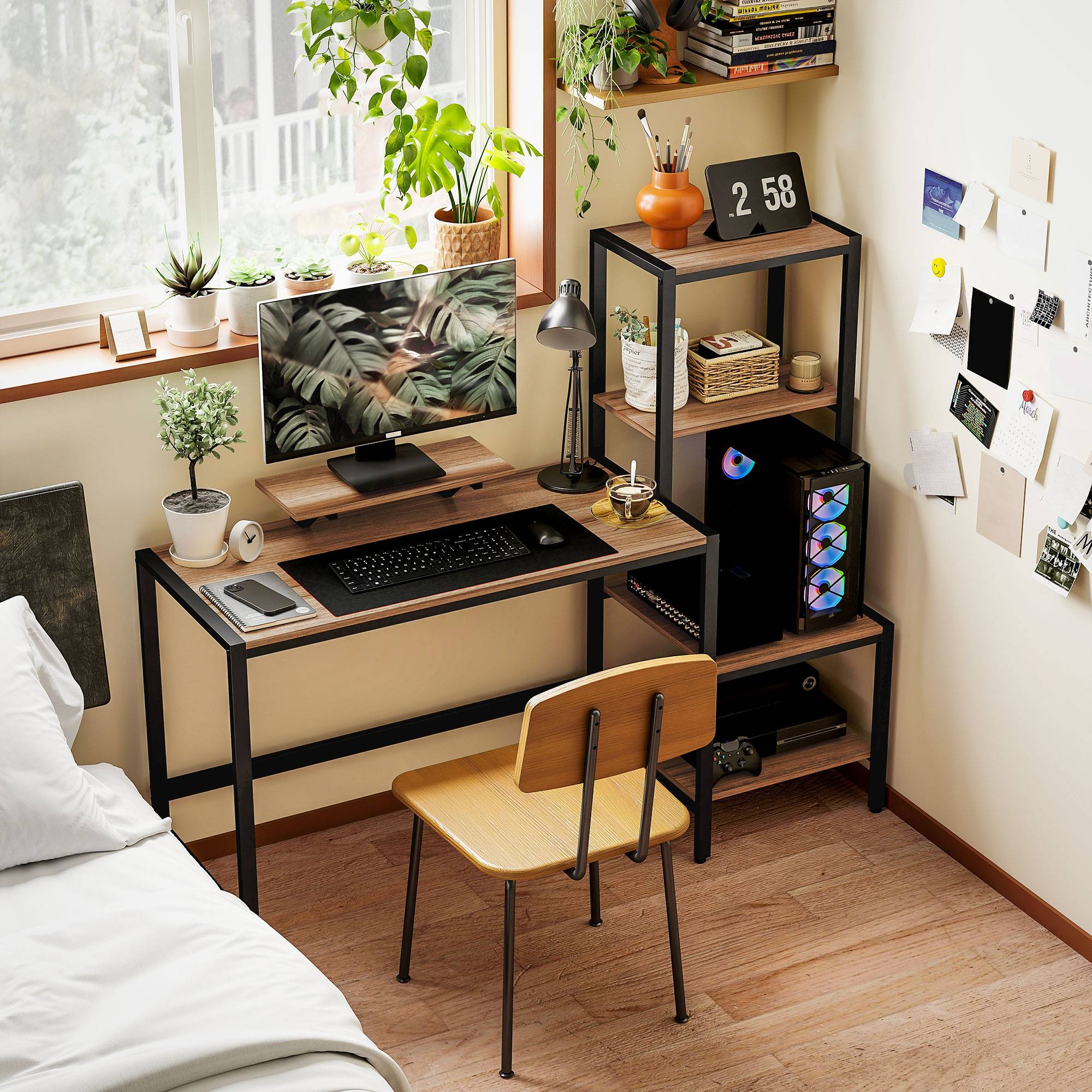 Computerbord med Skærmstativ, CPU-stativ, Kontorbord med Printerhylde, PC-bord med 4 Hylder, Moderne Design til Hjemmekontor, 150 x 48 x 125 cm, Brun.