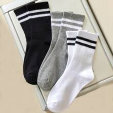 3pairs Men/Women Soft Comfortable Mid-Calf Socks, Black White Grey Striped Crew Socks For Casual/Sports, Breathable Odor-Resistant, Suitable For Daily - Multicolor - Multi-size